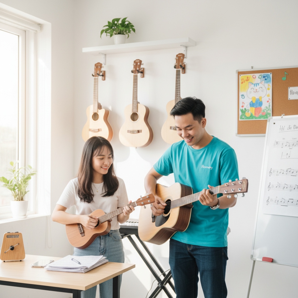 Học viên tự tin chơi nhạc cụ sau khóa học tại Harmony.