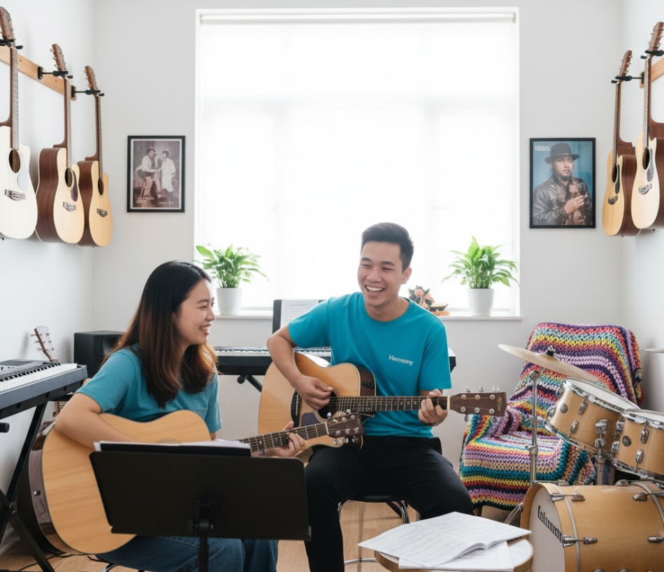 Lớp học nhạc nhóm tại trung tâm đào tạo âm nhạc Harmony.