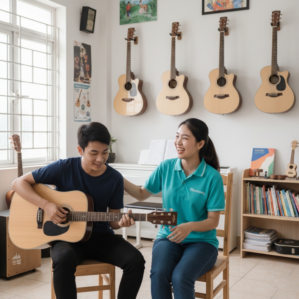 Khách hàng trải nghiệm lớp học nhạc cụ tại Harmony.