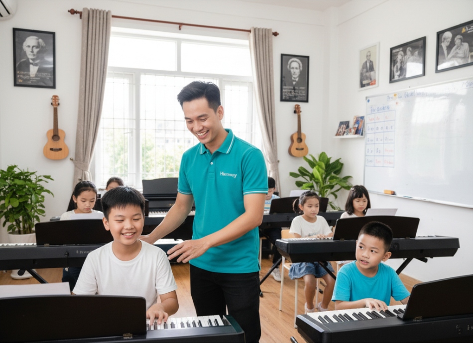 Học viên nhỏ tuổi hào hứng trong giờ học đàn ở Harmony.
