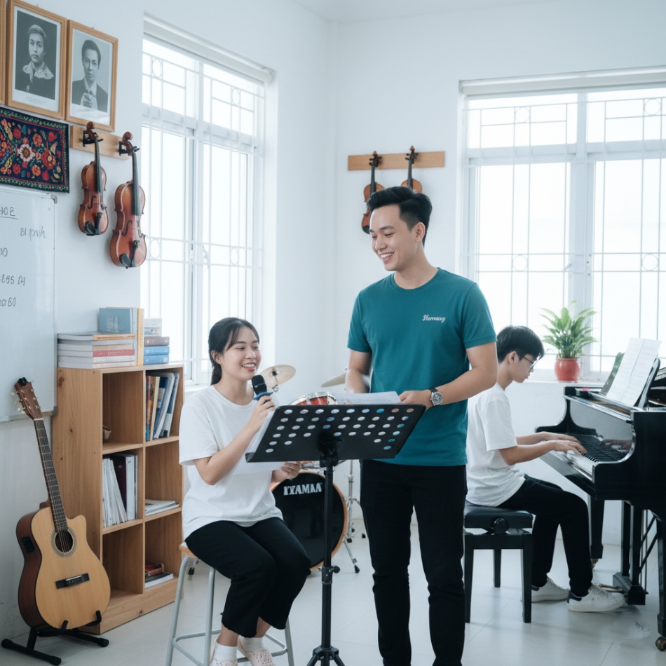 Học viên đang luyện giọng hoặc thổi harmonica ở Harmony.